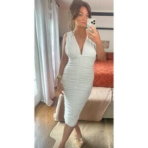 NWT Club L London Size 10 White Ruched B Neck Midi Dress
